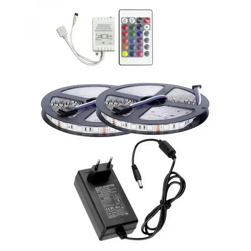 10 Metre 12V 60 Ledli RGB Dış Mekan Silikonlu Şerit Led 5A Priz Tipi Plastik Adaptör 24 Tuşlu IR Led Kontrol Üniteli Set