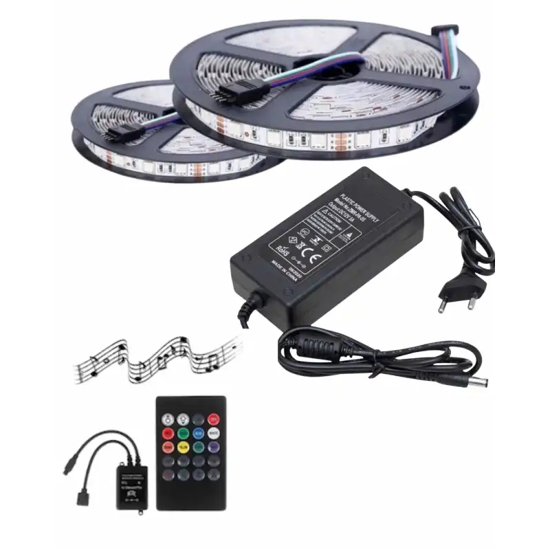 10 Metre 12V 120 Ledli RGB İç Mekan Şerit Led 8A Plastik Adaptör Sese ve Müziğe Duyarlı Led Kontrol Üniteli Set