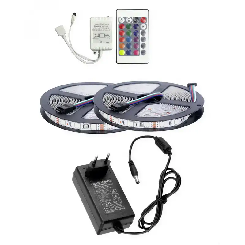 10 Metre 12V 60 Ledli RGB İç Mekan Şerit Led 5A Priz Tipi Plastik Adaptör 24 Tuşlu IR Led Kontrol Üniteli Set