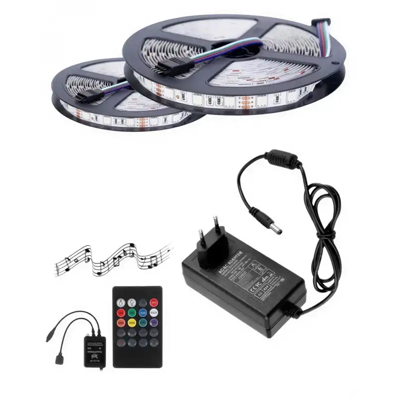 10 Metre 12V 60 Ledli RGB İç Mekan Şerit Led 5A Priz Tipi Plastik Adaptör Sese ve Müziğe Duyarlı Led Kontrol Üniteli Set