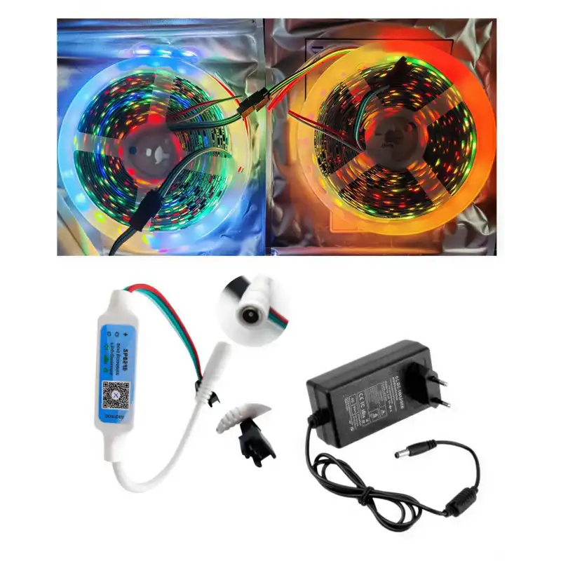 10 Metre 12V Dış Mekan 60 Pixel Ledli Bluetooth Cep Telefonundan Kumandalı 5A Priz Tipi Plastik Adaptörlü Set