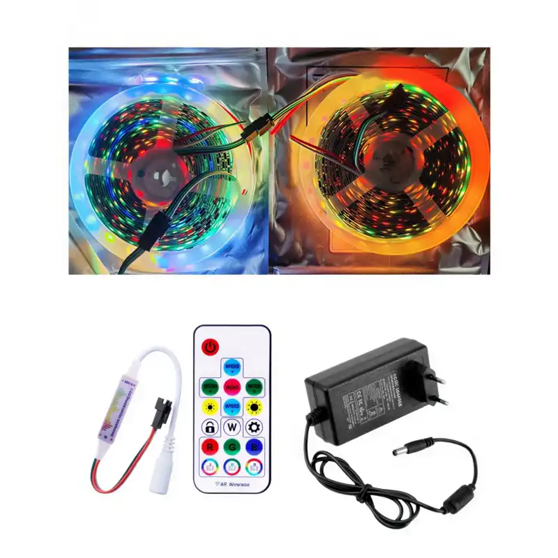 10 Metre 12V İç Mekan 60 Pixel Ledli 17 Tuşlu Sese ve Müziğe Duyarlı RF Kumandalı 5A Priz Tipi Plastik Adaptörlü Set