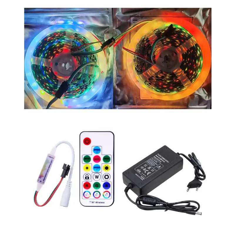 10 Metre 12V Dış Mekan 60 Pixel Ledli 17 Tuşlu Sese ve Müziğe Duyarlı RF Kumandalı 8A Plastik Adaptörlü Set