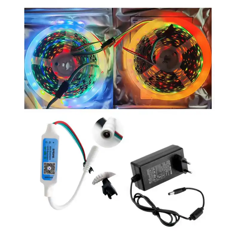 10 Metre 12V İç Mekan 60 Pixel Ledli Bluetooth Cep Telefonundan Kumandalı 5A Priz Tipi Plastik Adaptörlü Set