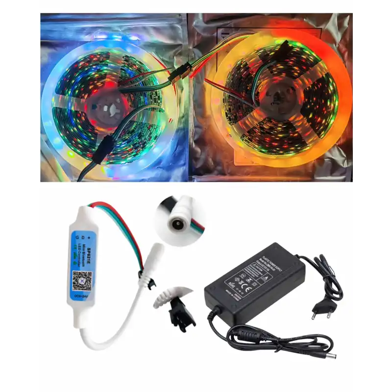 10 Metre 12V Dış Mekan 60 Pixel Ledli Bluetooth Cep Telefonundan Kumandalı 8A Plastik Adaptörlü Set