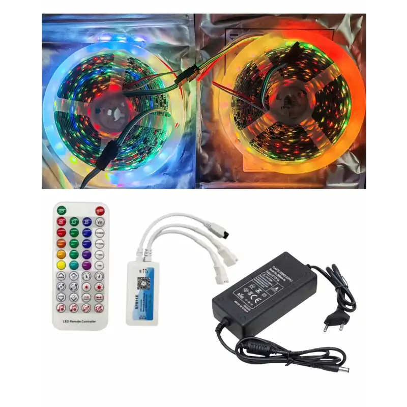 10 Metre 12V İç Mekan 60 Pixel Ledli SP611E Çift Çıkışlı Sese ve Müziğe Duyarlı 8A Plastik Adaptörlü Set