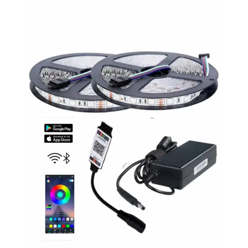 10 Metre 12V 60 Ledli RGB Dış Mekan Şerit Led 5A Plastik Adaptör Bluetoothlu Telefondan Led Kontrol Üniteli Set