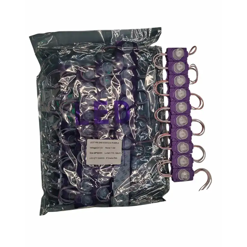 100 Adet 12 Volt 1.5 Watt Tek Lensli Mor 3030 Led Modül IP65 1 Paket