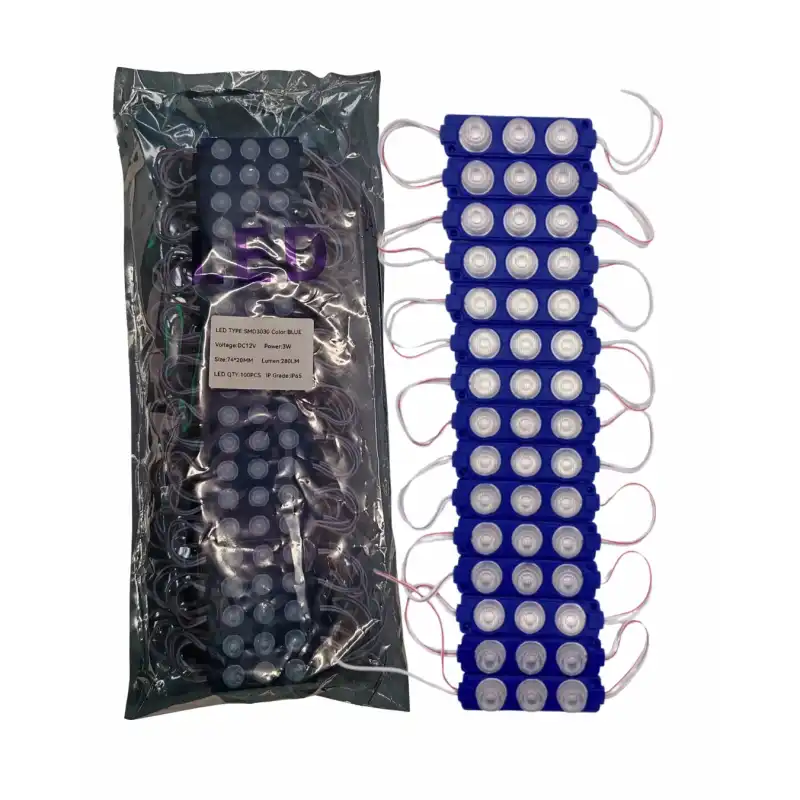 100 Adet 12 Volt 3 Watt 3 Lensli Mavi 3030 SMD Led Modül IP65 1 Paket