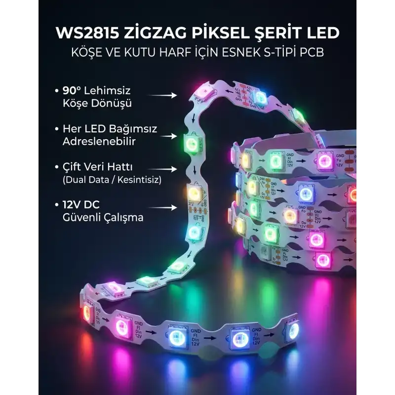 12 Volt 10 mm 60 Ledli Zigzag ws2815 Argb Pixel Adreslenebilir İç Mekan 5 Metre Şerit Led