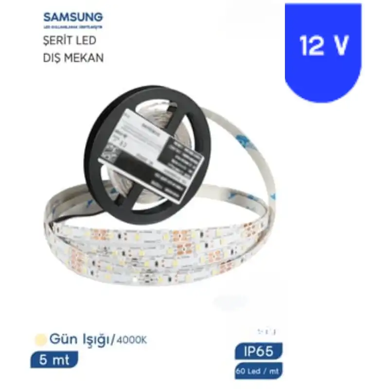 12 Volt 2835 Samsung 60 Led 4000 K Naturel Beyaz Dış Mekan 5 Metre Şerit Led IP65