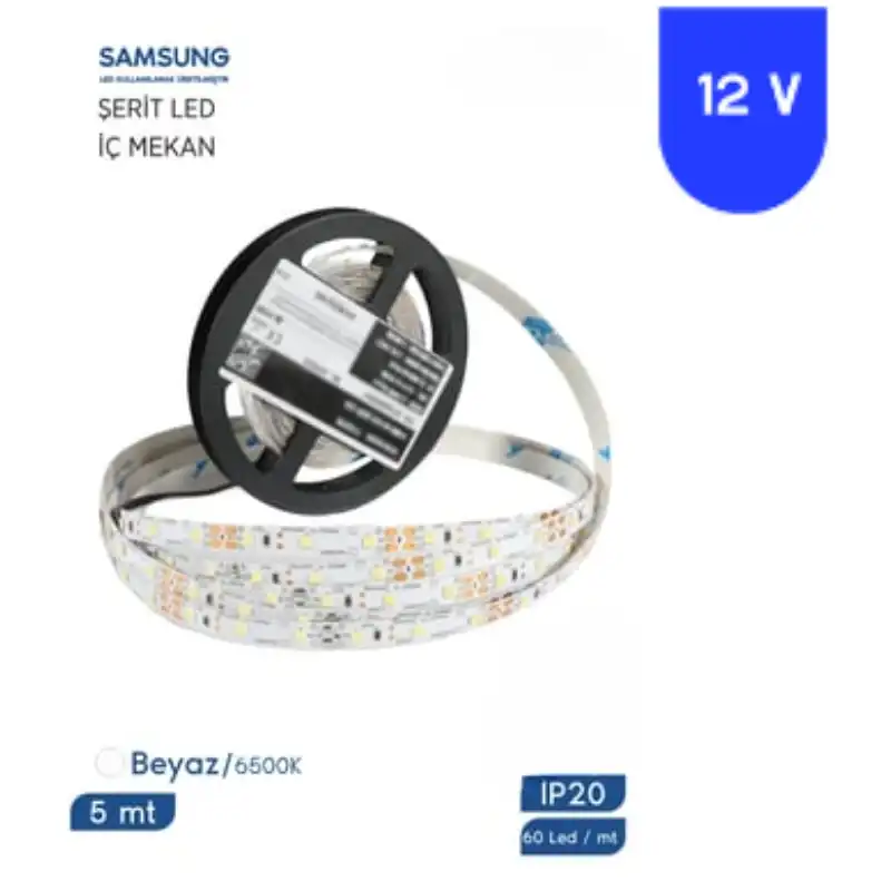 12 Volt 2835 Samsung 60 Led 6500 K Beyaz İç Mekan 5 Metre Şerit Led