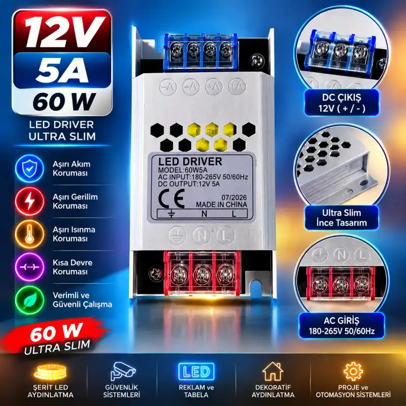 12 Volt 5 Amper 60 Watt Ultra Slim Metal Kasa Trafo