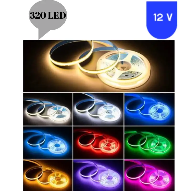 12 Volt 8 mm 320 Ledli Esnek Cob Şerit 6500 K Beyaz İç Mekan 5 Metre