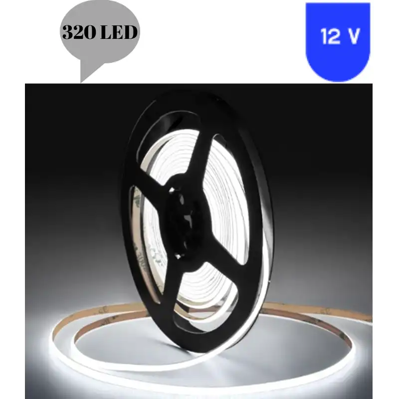 12 Volt 8 mm 320 Ledli Esnek Cob Şerit 6500 K Beyaz İç Mekan 5 Metre