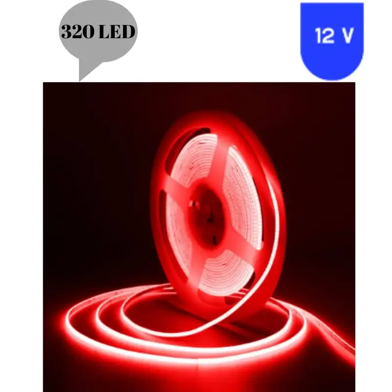 12 Volt 8 mm 320 Ledli Esnek Cob Şerit Kırmızı İç Mekan 5 Metre