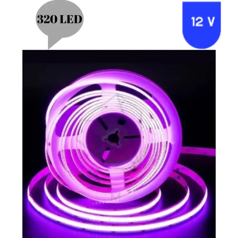 12 Volt 8 mm 320 Ledli Esnek Cob Şerit Mor İç Mekan 5 Metre