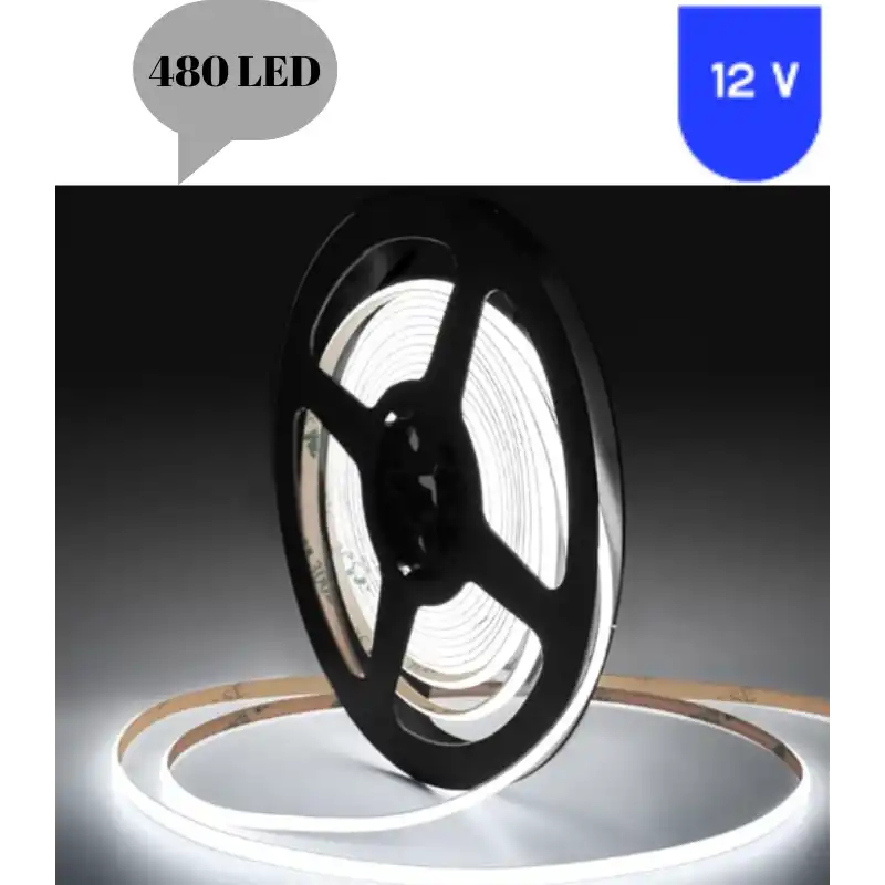 12 Volt 8 mm 480 Ledli Esnek Cob Şerit 6500 K Beyaz İç Mekan 5 Metre