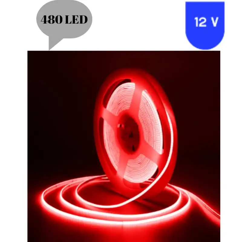 12 Volt 8 mm 480 Ledli Esnek Cob Şerit Kırmızı Dış Mekan IP68 5 Metre