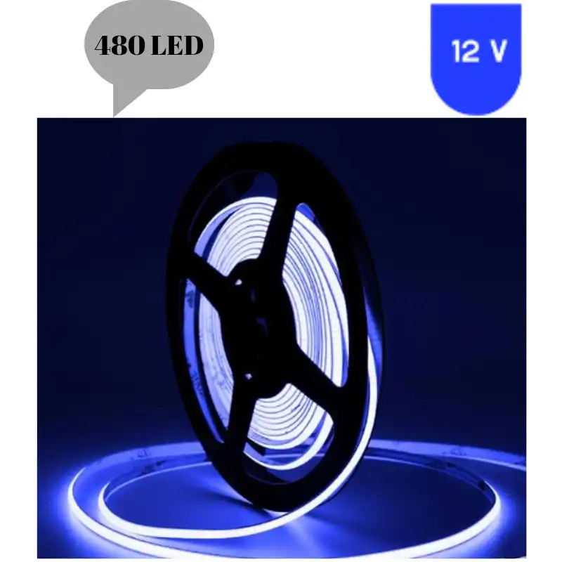 12 Volt 8 mm 480 Ledli Esnek Cob Şerit Mavi Dış Mekan IP68 5 Metre