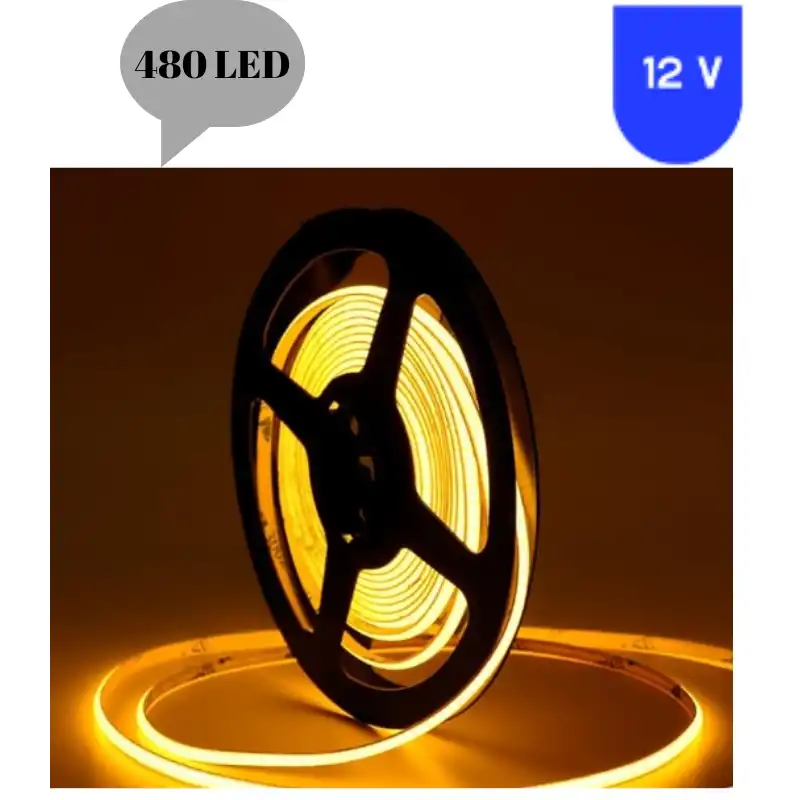 12 Volt 8 mm 480 Ledli Esnek Cob Şerit Sarı Amber Dış Mekan IP68 5 Metre