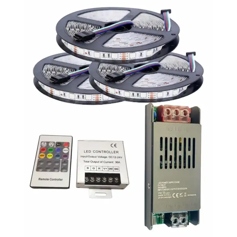 15 Metre 12V 60 Ledli RGB İç Mekan Şerit Led 16,5A Slim Trafo 36 A RF Led Kontrol Üniteli Set