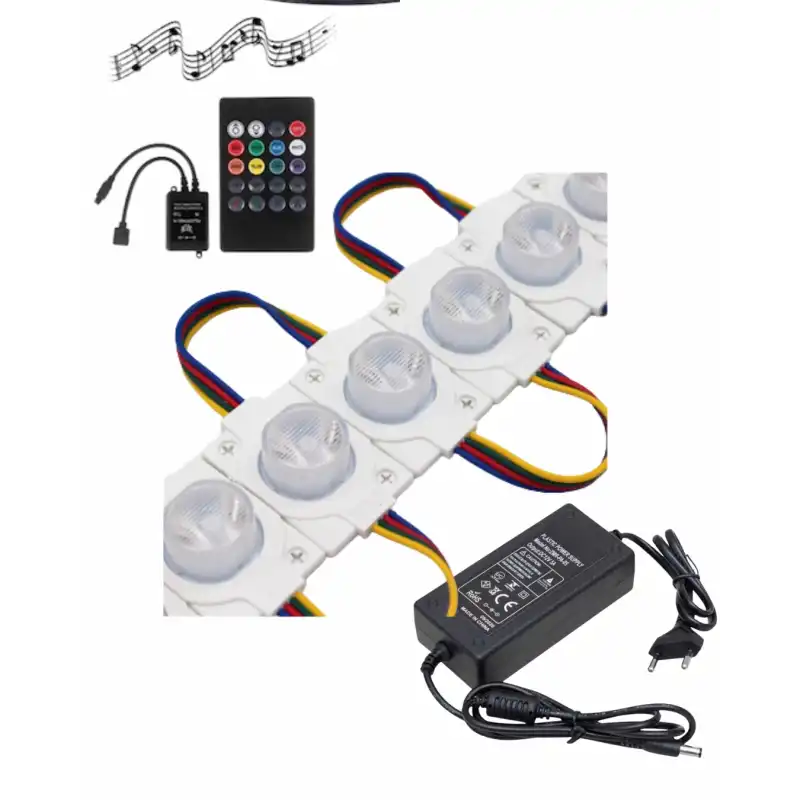 20 Adet 12 Volt 1.5 Watt Tek Lensli Rgb 3030 Led Modül Sese ve Müziğe Duyarlı Kumanda 5A Plastik Adaptör Set
