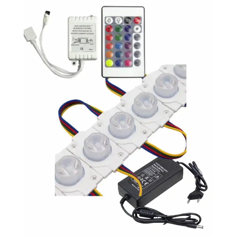 20 Adet 12 Volt 1.5 Watt Tek Lensli Rgb 3030 Led Modül 24 Tuşlu RGB Kumanda 5A Plastik Adaptör Set