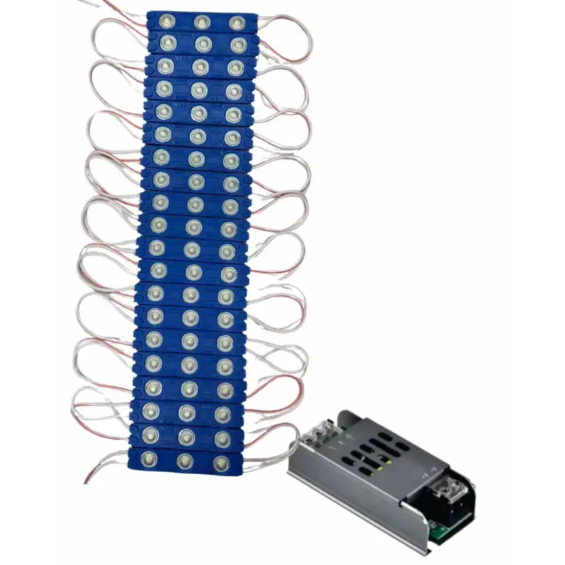 20 Adet 12 Volt 1.2 Watt 3 Lensli Mavi 2835 SMD Led Modül IP65 5A Slim Trafo Set