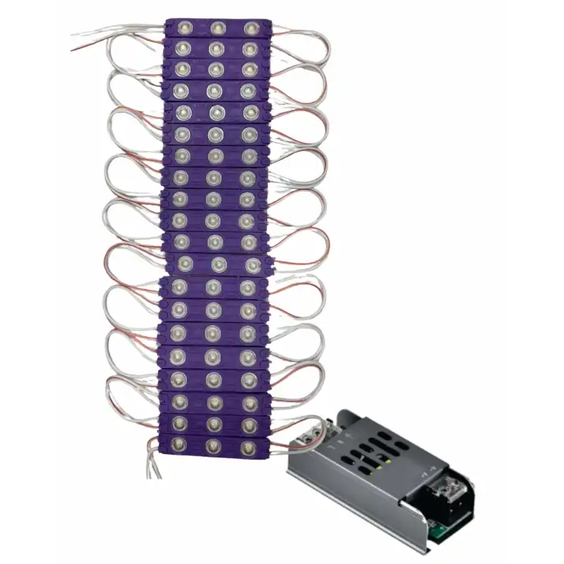 20 Adet 12 Volt 1.2 Watt 3 Lensli Mor 2835 SMD Led Modül IP65 5A Slim Trafo Set