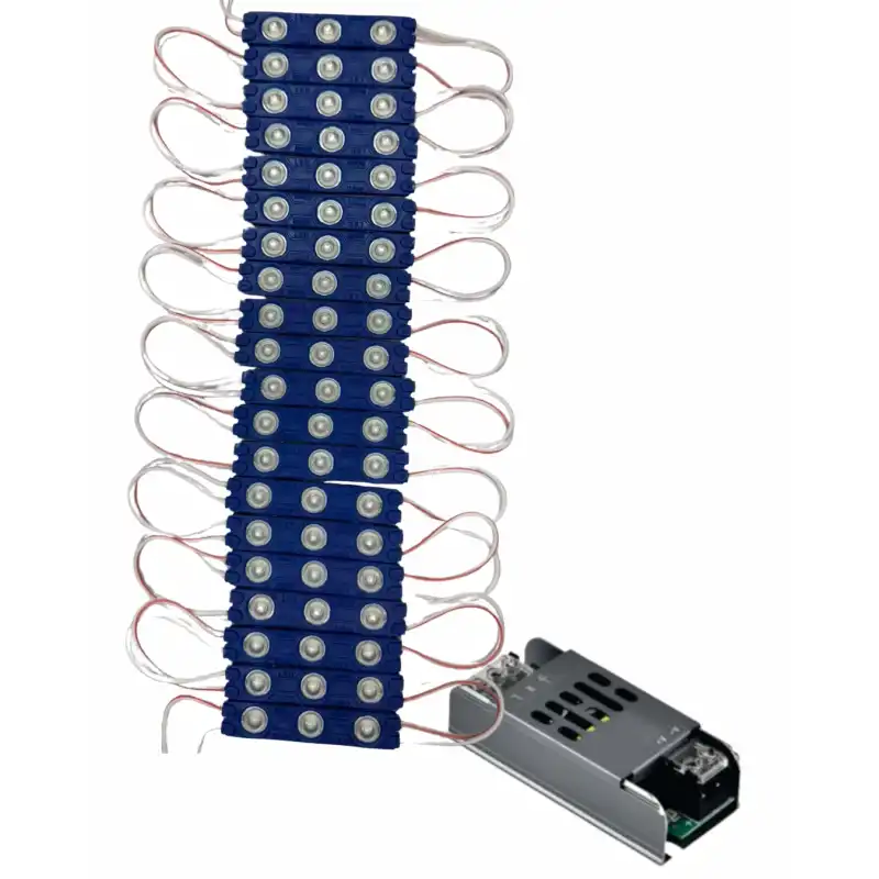 20 Adet 12 Volt 1.2 Watt 3 Lensli Turkuaz 2835 SMD Led Modül IP65 5A Slim Trafo Set