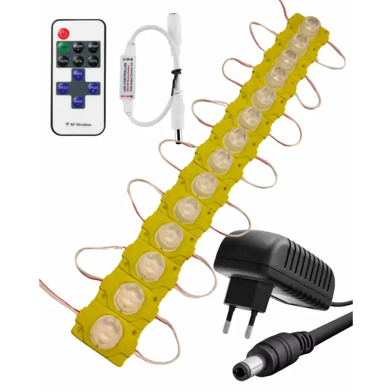 20 Adet 12 Volt 1,5 Watt Tek Lensli Amber 3030 SMD Led Modül 12A Tek Renk RF Dimmer 2A Priz Tipi Adaptör Set