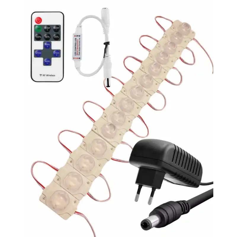 20 Adet 12 Volt 1,5 Watt Tek Lensli 6500K Beyaz 3030 SMD Led Modül 12A Tek Renk RF Dimmer 2A Priz Tipi Adaptör Set