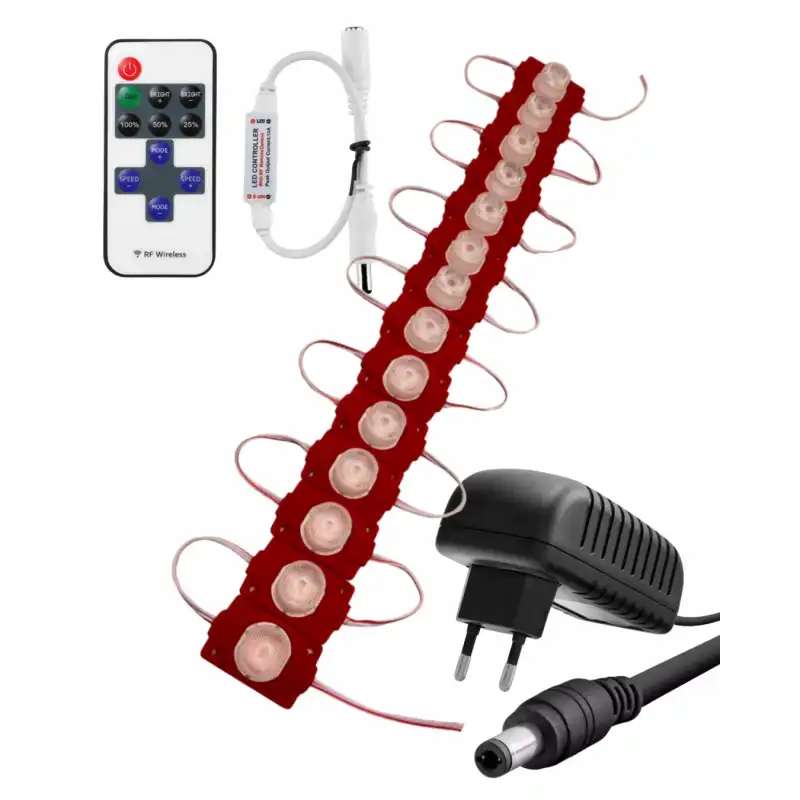 20 Adet 12 Volt 1,5 Watt Tek Lensli Kırmızı 3030 SMD Led Modül 12A Tek Renk RF Dimmer 2A Priz Tipi Adaptör Set