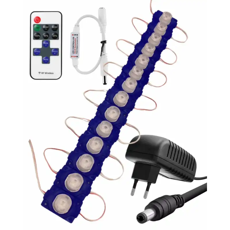 20 Adet 12 Volt 1,5 Watt Tek Lensli Mavi 3030 SMD Led Modül 12A Tek Renk RF Dimmer 2A Priz Tipi Adaptör Set