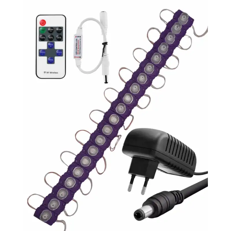 20 Adet 12 Volt 1,5 Watt Tek Lensli Mor 3030 SMD Led Modül 12A Tek Renk RF Dimmer 2A Priz Tipi Adaptör Set