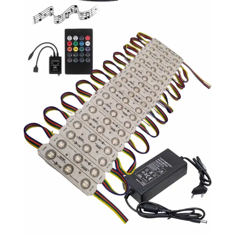 20 Adet 12 Volt Samsung 0.72 Watt 3 Lensli Rgb Led Modül Sese ve Müziğe Duyarlı Kumanda 5A Plastik Adaptör Set
