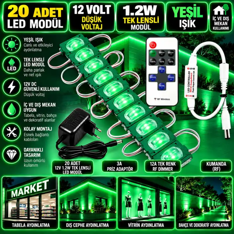 20 Adet 12V 1.2W Dar Açılı Tek Lensli Yeşil Led Modül 3A Priz Adaptör 12A Tek Renk RF Dimmer Set