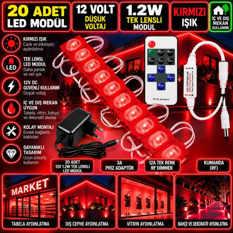 20 Adet 12V 1.2W Dar Açılı Tek Lensli Kırmızı Led Modül 3A Priz Adaptör 12A Tek Renk RF Dimmer Set
