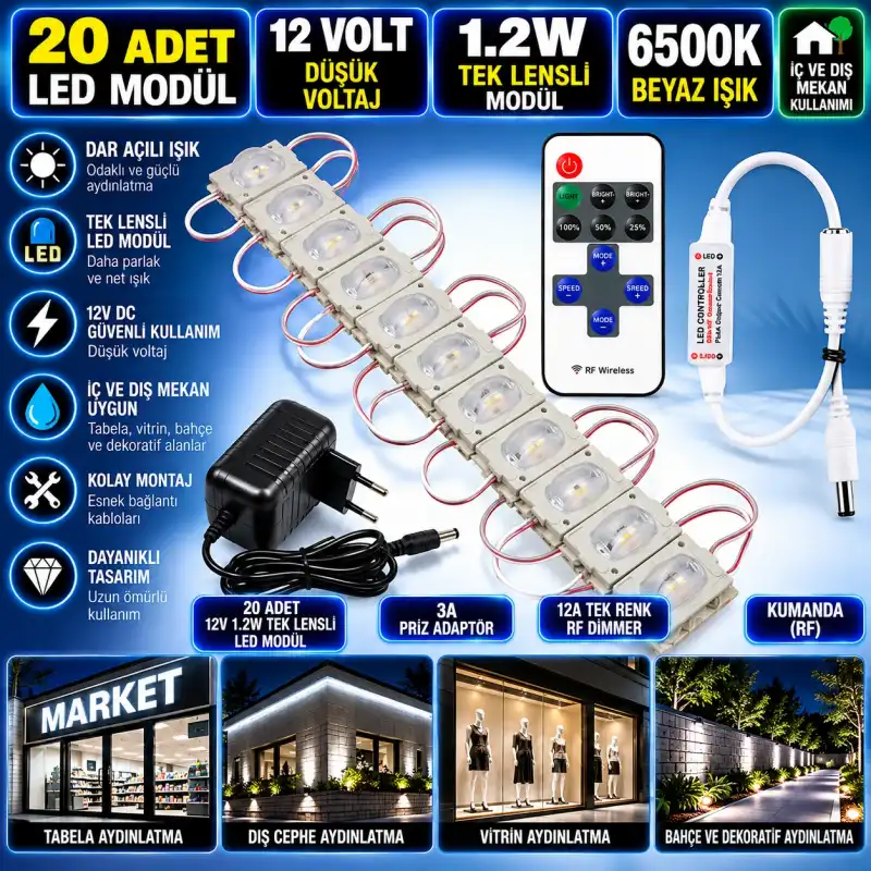 20 Adet 12V 1.2W Dar Açılı Tek Lensli 6500K Beyaz Led Modül 3A Priz Adaptör 12A Tek Renk RF Dimmer Set