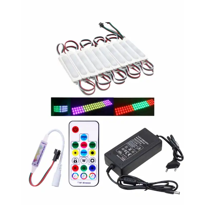 20 Adet 12V 3 Watt Argb Pixel Cob Modül 17 Tuşlu Sese ve Müziğe Duyarlı RF Kumandalı 5A Plastik Adaptörlü Set