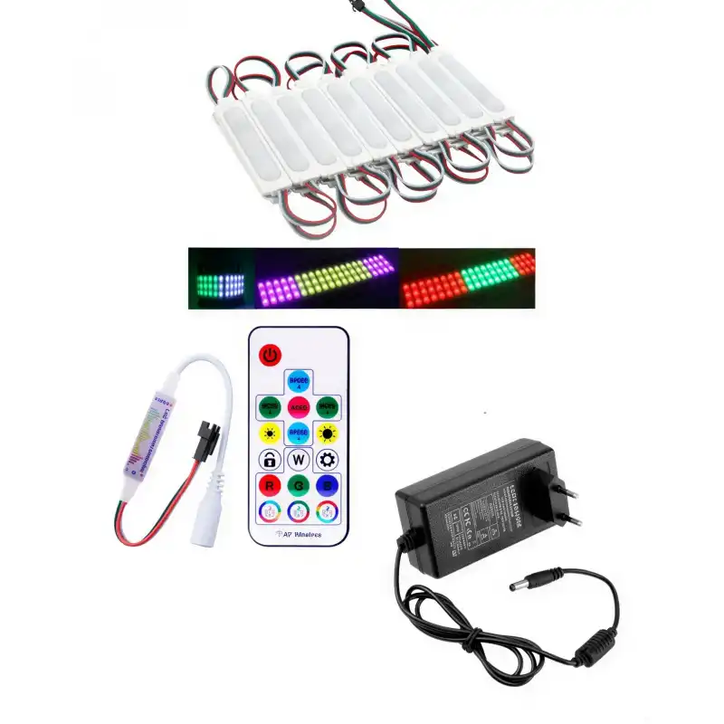 20 Adet 12V 3 Watt Argb Pixel Cob Modül 17 Tuşlu Sese ve Müziğe Duyarlı RF Kumandalı 5A Priz Tipi Plastik Adaptörlü Set