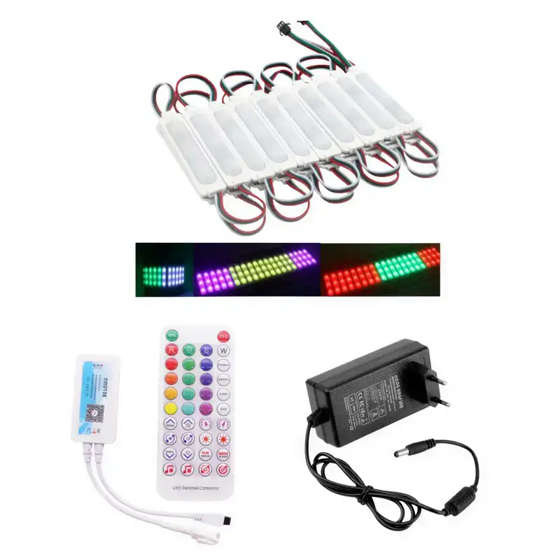 20 Adet 12V 3 Watt Argb Pixel Cob Modül SP611E Tek Çıkışlı Sese ve Müziğe Duyarlı 5A Priz Tipi Plastik Adaptörlü Set