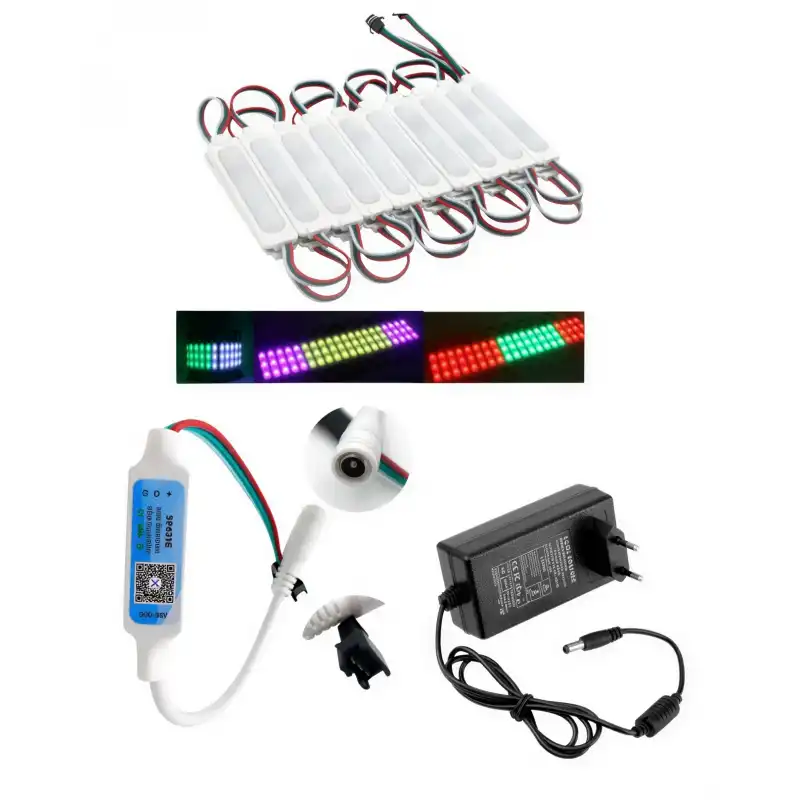 20 Adet 12V 3 Watt Argb Pixel Cob Modül SP621 Bluetooth Cep Telefonundan Kumandalı 5A Priz Tipi Plastik Adaptörlü Set
