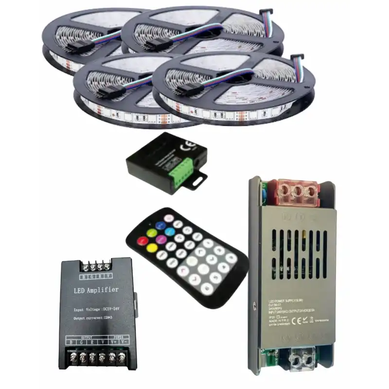 20 Metre 12V 60 Ledli RGB İç Mekan Şerit Led 20A Slim Trafo 36 A 28 Tuş RF Led Kontrol 36 A RGB Amplifier Üniteli Set