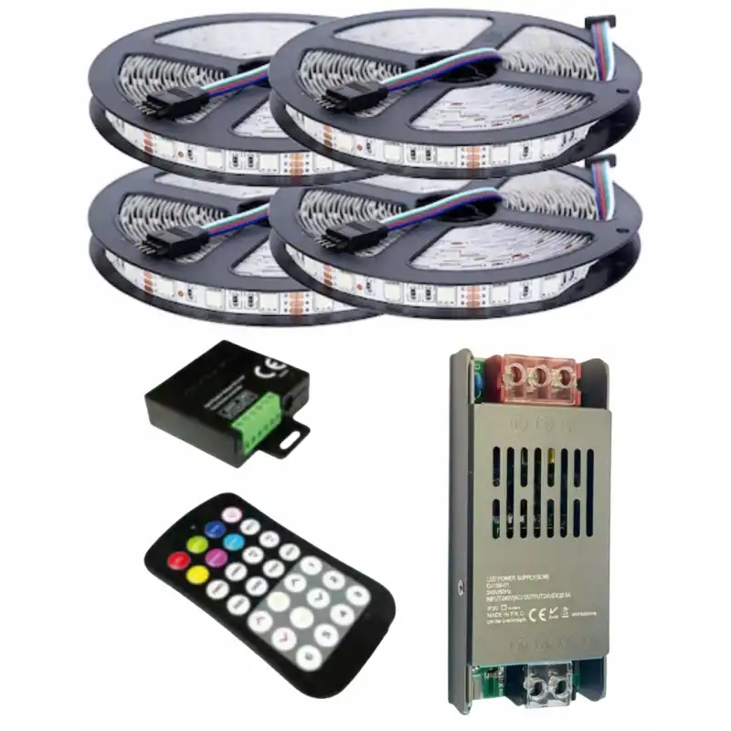 20 Metre 12V 60 Ledli RGB Dış Mekan Silikonlu Şerit Led 20A Slim Trafo 36 A 28 Tuş RF Led Kontrol Üniteli Set