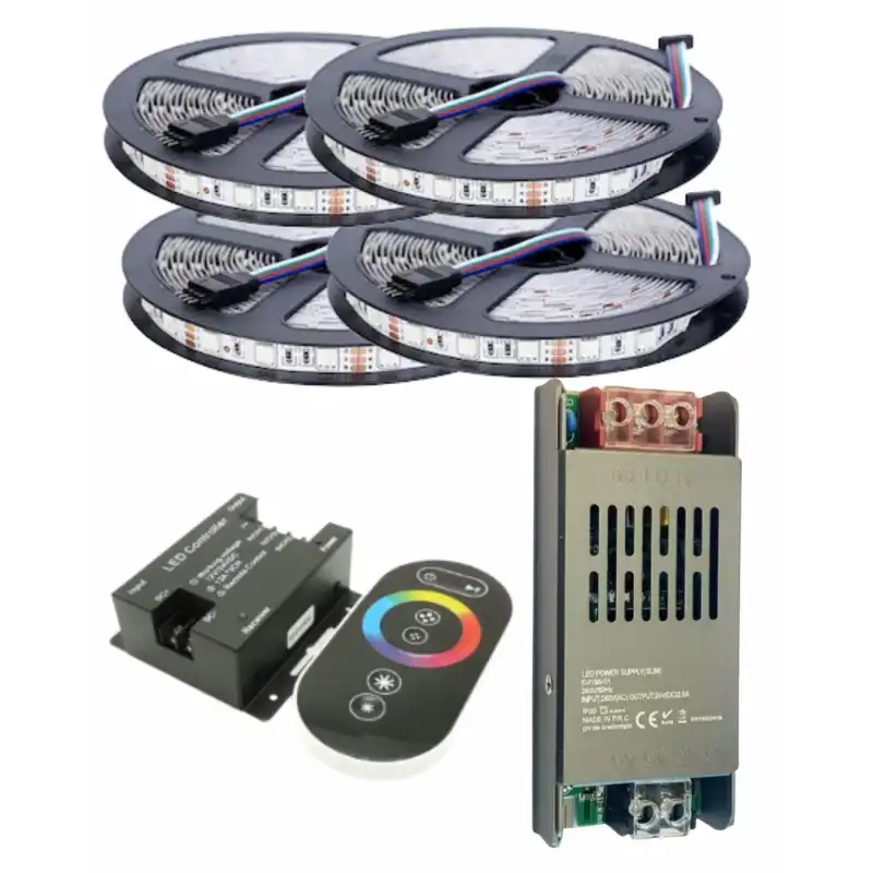 20 Metre 12V 60 Ledli RGB Dış Mekan Silikonlu Şerit Led 20A Slim Trafo 36 A Dokunmatik RF Led Kontrol Üniteli Set