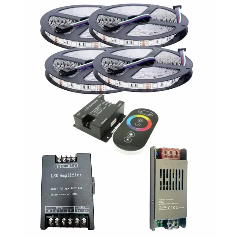 20 Metre 12V 60 Ledli RGB İç Mekan Şerit Led 20A Slim Trafo 36A Dokunmatik RF Led Kontrol 36A RGB Amplifier Üniteli Set