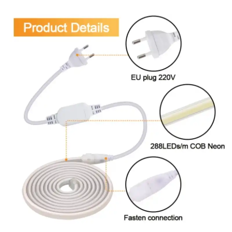 220V 288 Led 6000K Beyaz Işık Esnek Hortum COB LED IP67 Dış Mekan 5 Metre Güç Kablosu Dahil