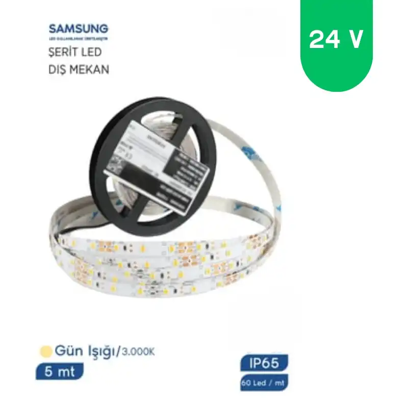24 Volt 2835 Samsung 60 Led 3000 K Günışığı Dış Mekan 5 Metre Şerit Led IP65